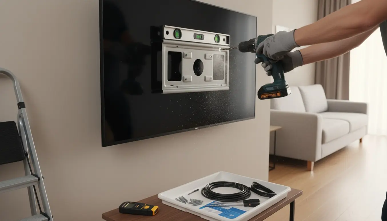 Hænder monterer fladskærm på væg med boremaskine og beslag i en lys stue.
