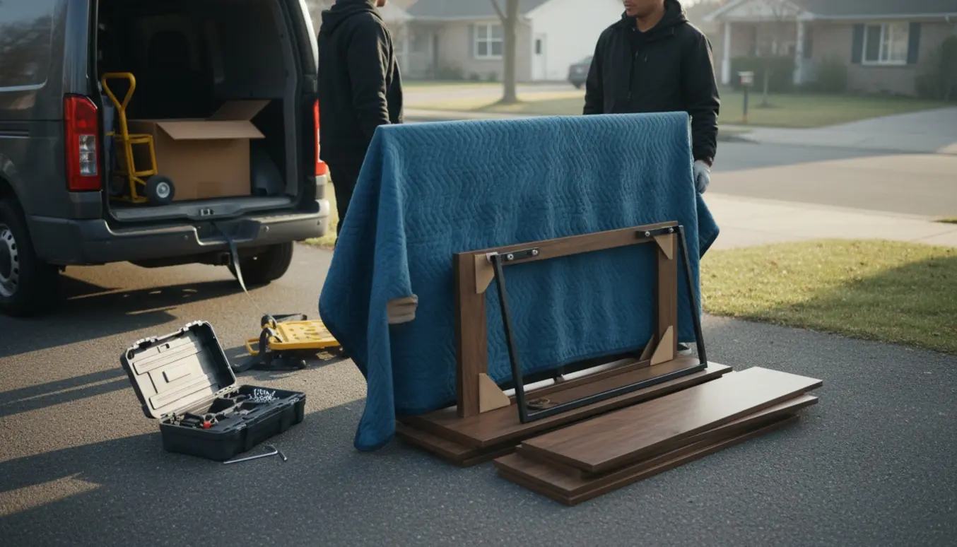 Et fladskærms-tv og et tv-bord læsses i en varevogn ved fortovet klar til storskrald.