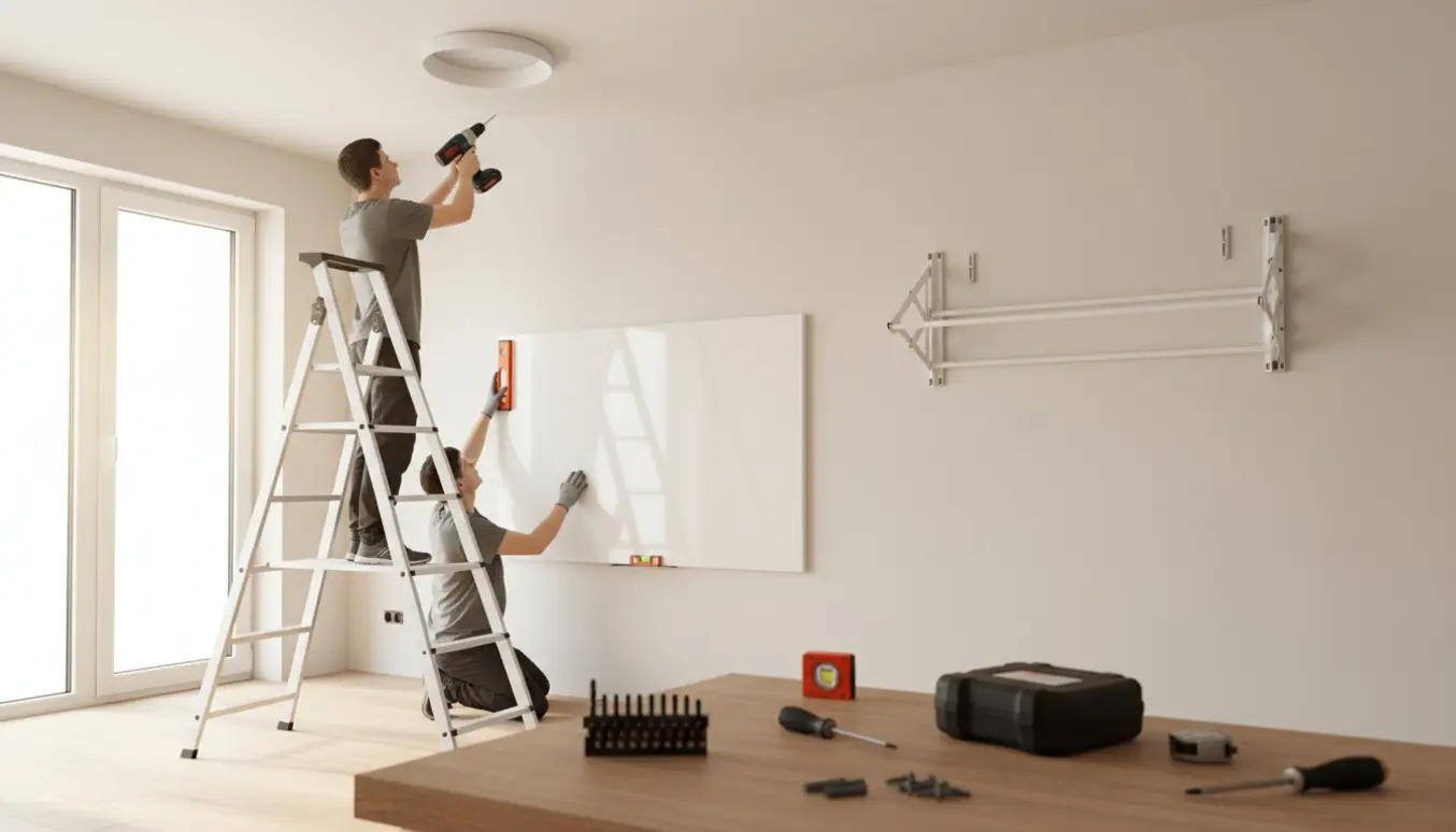 Person monterer loftlampe, whiteboard og væghængt tørrestativ i et lyst rum.