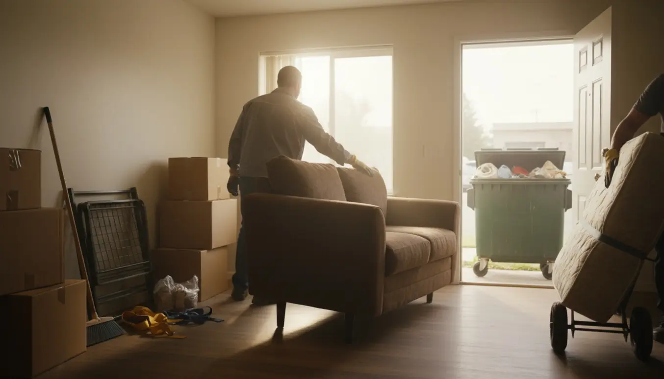 To personer bærer en slidt sofa og en madras ud af en stue mod en skraldecontainer på fortovet.