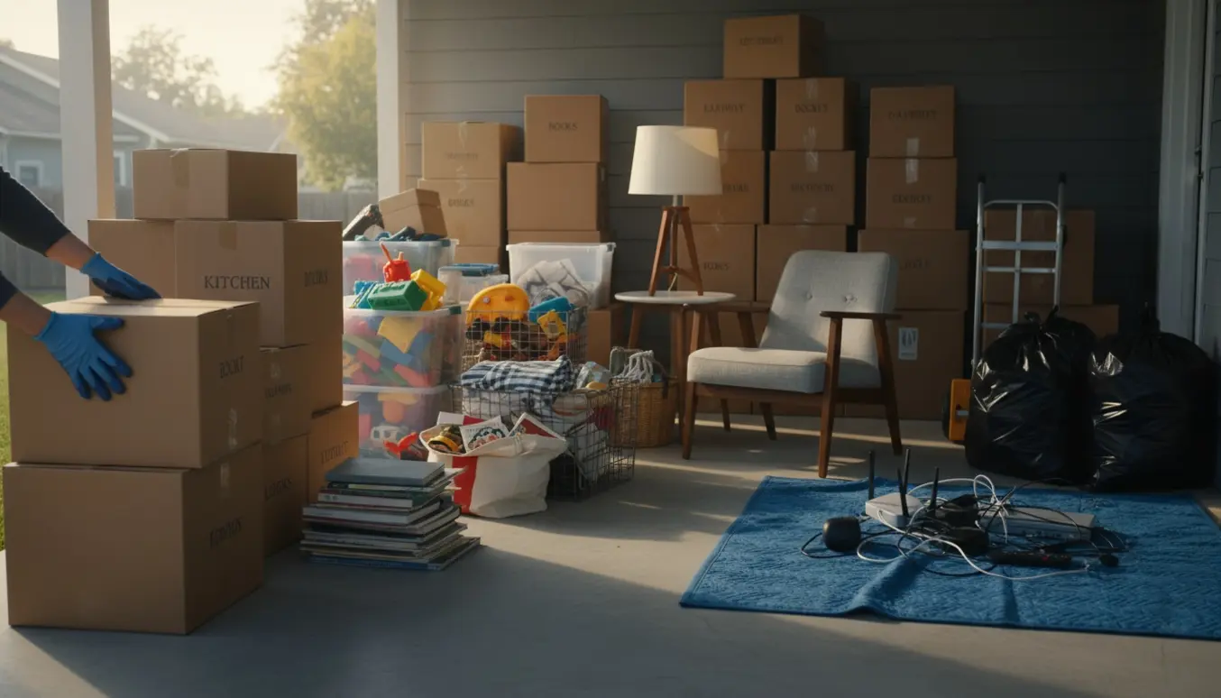 Carport fyldt med stabler af kasser, bøger, legetøj, kurve og små møbler ryddet ud fra garage og værelser.