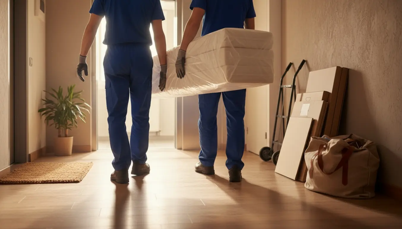 Tynd 5 cm topmadras foldet og båret ind i en elevator på tredje sal uden synlige ansigter.