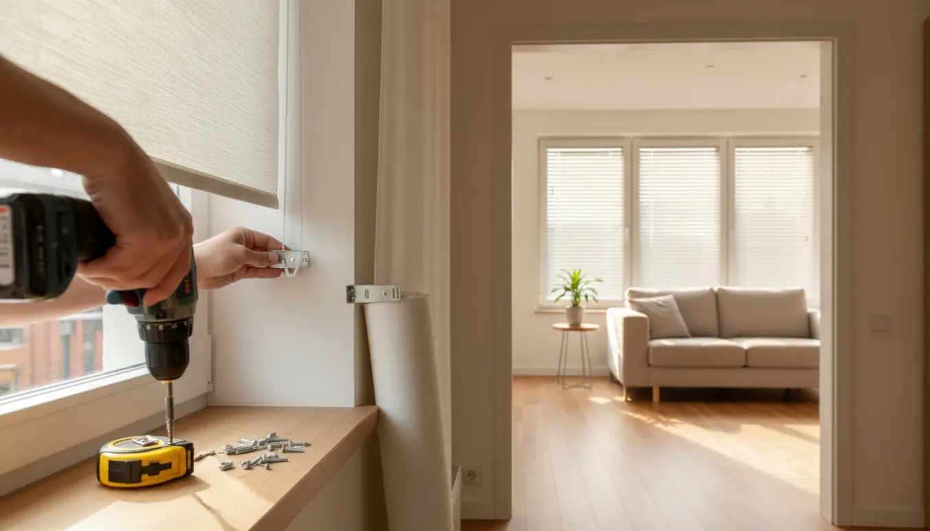 Nærbillede af montering af et rullegardin i soveværelset med tre persienner synlige i stuen.