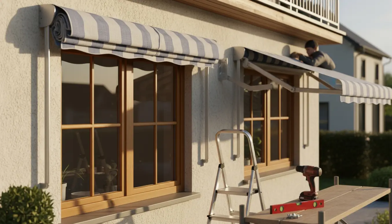 To foldemarkiser monteres ved to vinduer på en husfacade med beslag og værktøj i fokus.