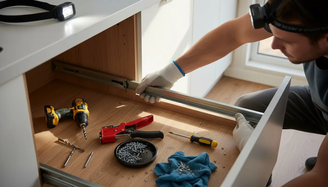 Hænder udskifter skuffeudtræk i et køkkenskab med bor, nittetang og nyt metaludtræk.