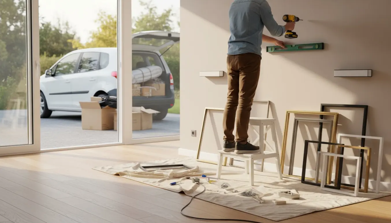 En person fra ryggen hænger billeder og væglamper op i en lys stue, med værktøj og en åben bil klar til lossepladsen.