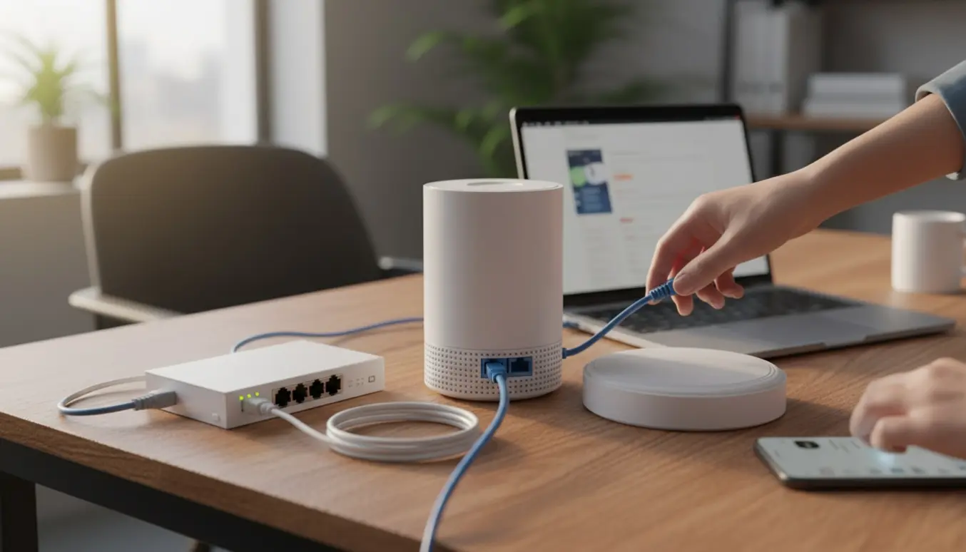 Hænder tilslutter et Ethernet-kabel til en moderne router og access point på et hjemmekontor.