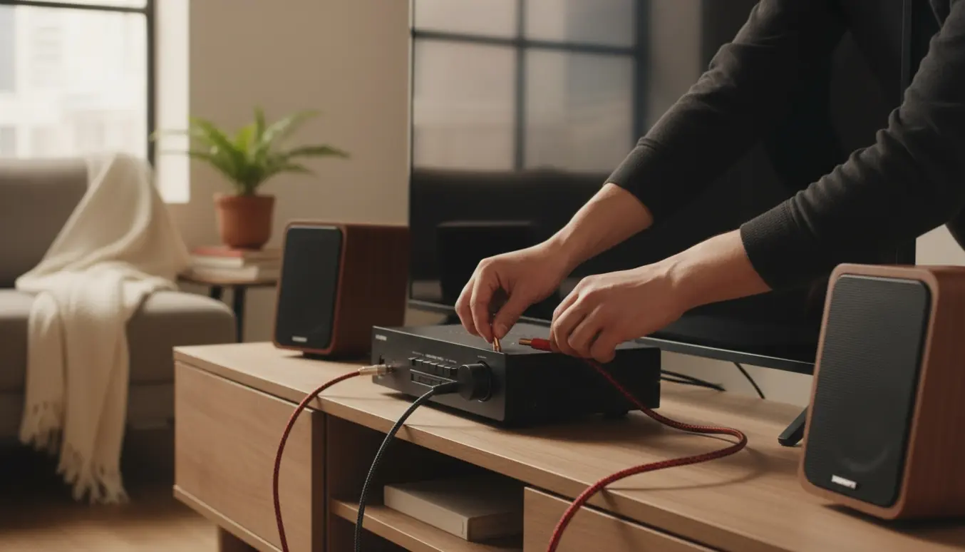 Hænder forbinder højttalerkabler fra et nyt fladskærms-tv til en AV-receiver i en moderne stue.