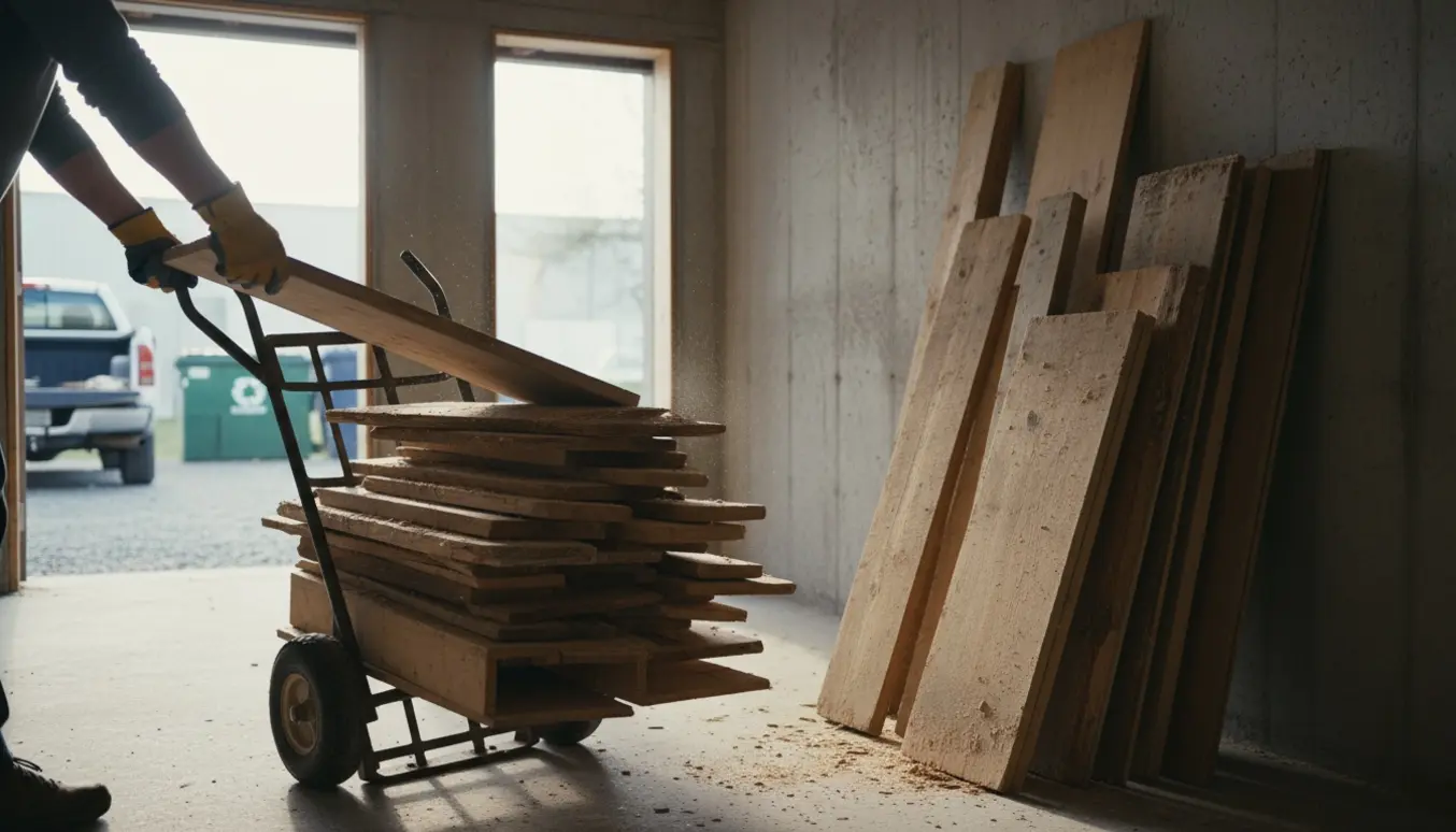 Glænde med træaffald fra kælder ved trappe, klar til afhentning og bortkørsel.