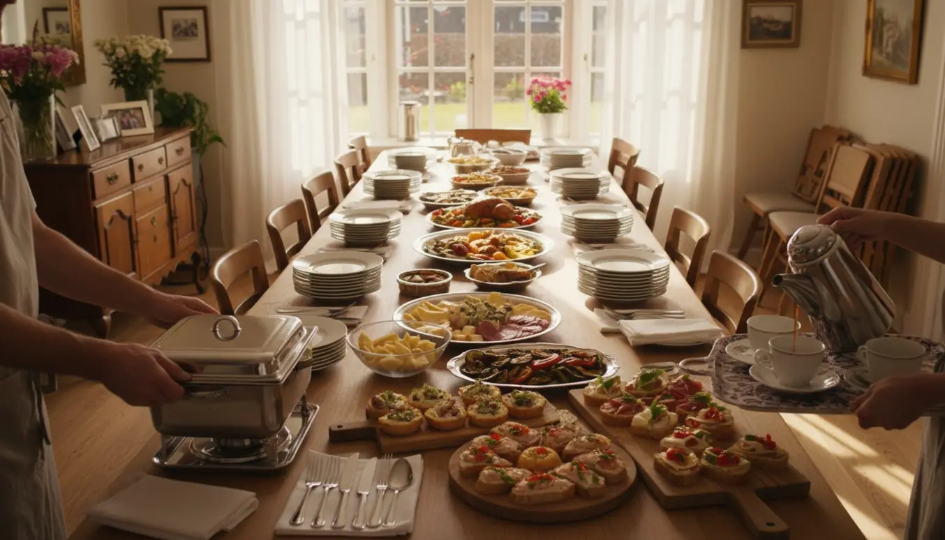 Hænder anretter cateringfade og hælder kaffe ved et langt spisebord i et hjem klar til konfirmation.