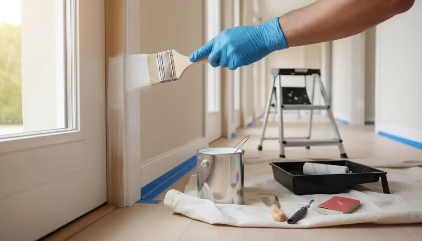 Nærbillede af en maler, der påfører hvid maling på en dørkarm i en lys gang med malerbøtter og afdækningsplast.