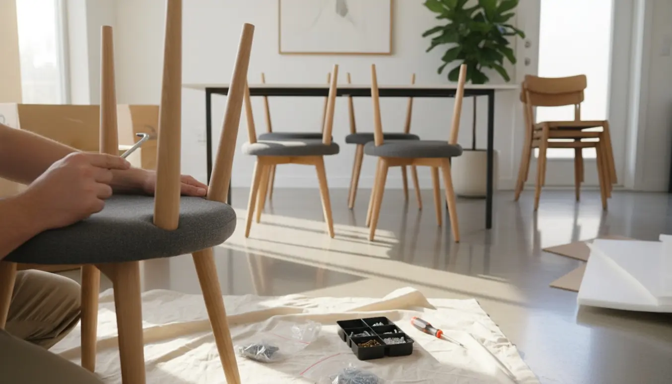 Nærbillede af montering af seks nye spisebordsstole i en lys spisestue med værktøj og gamle stole klar til fjernelse.