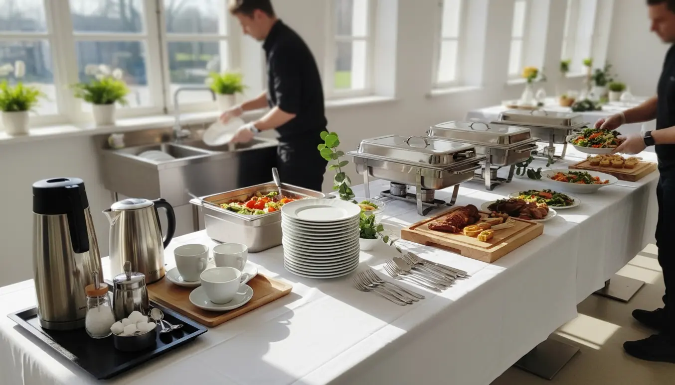 Buffetbord i et lyst spiserum med hænder, der dækker op og en kaffestation til en konfirmationsreception.