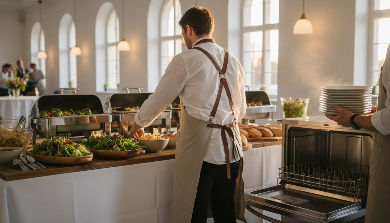 To tjenere i forklæder arrangerer en buffet og læsser tallerkener i en stor kommerciel opvaskemaskine ved en konfirmationsreception.