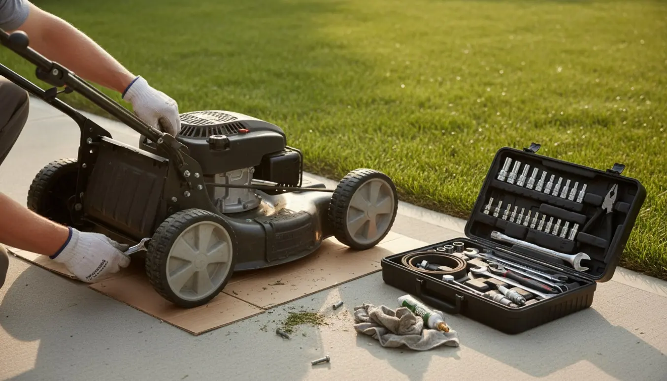 Nærbillede af handskerede hænder, der reparerer drivhjul og rem på en plæneklipper ved indkørslen.