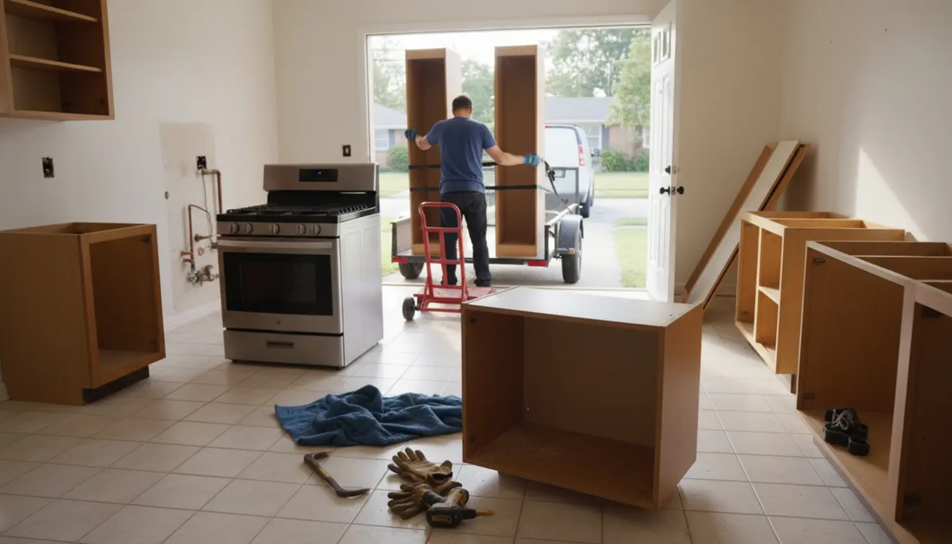 Trailer på indkørsel fyldt med afmonterede køkkenskabe og en ovn klar til afhentning.