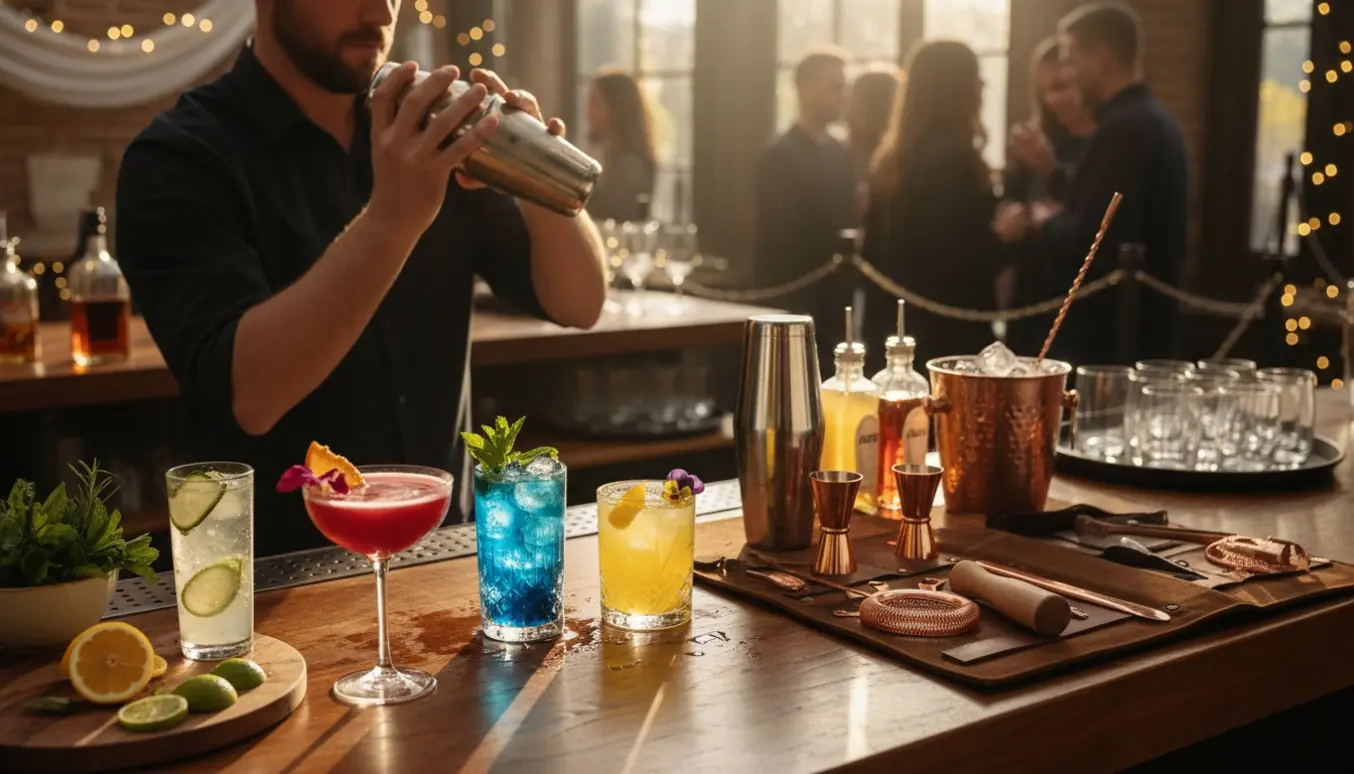Bartender ryster cocktail ved en hyggelig hjemmebar med tre cocktails og en alkoholfri drink på disken.
