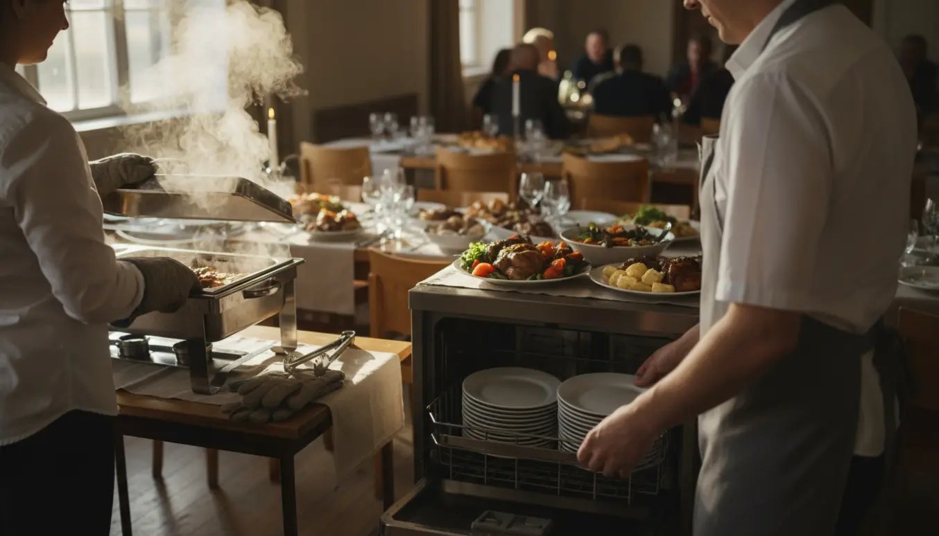 Serveringspersonale varmer buffetmad, rydder borde og håndterer opvask i en hyggelig forsamlingssal.