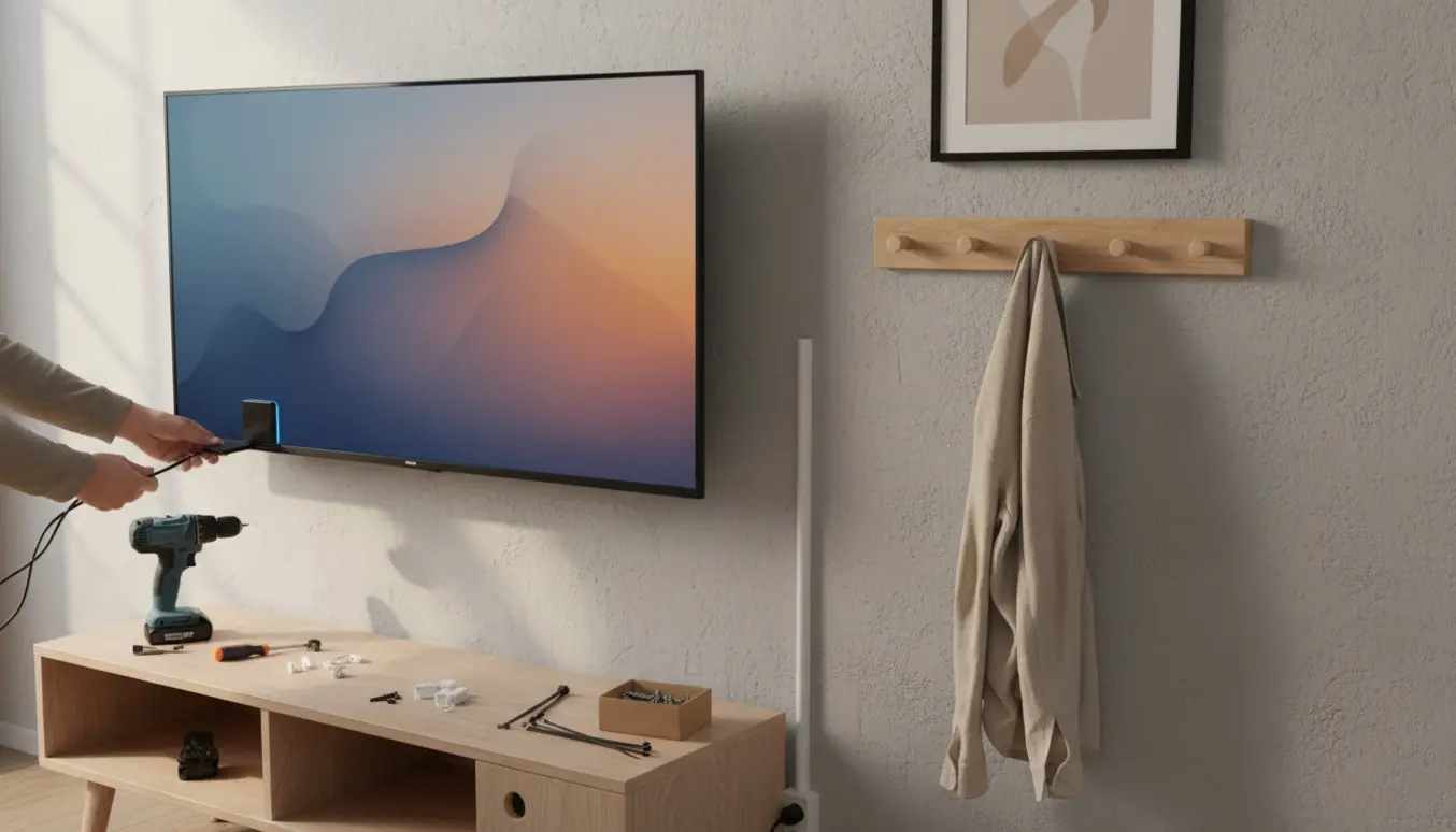 Væg med vægmonteret TV tilsluttet en pc og streaming-dongle, nyopsat knagerække og organiserede kabler.