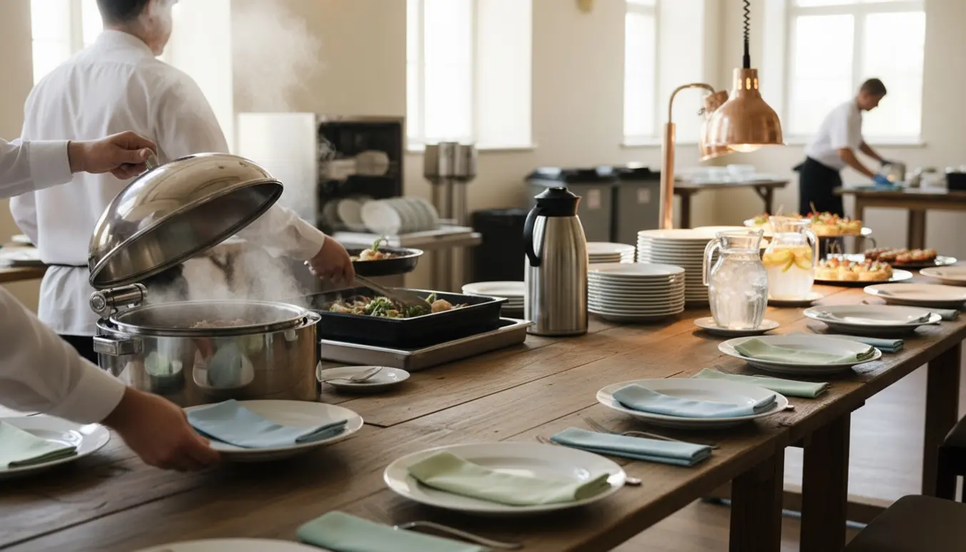 Serveringsteam dækker op og anretter buffet til barnedåb med fade, glas og opvask i baggrunden.