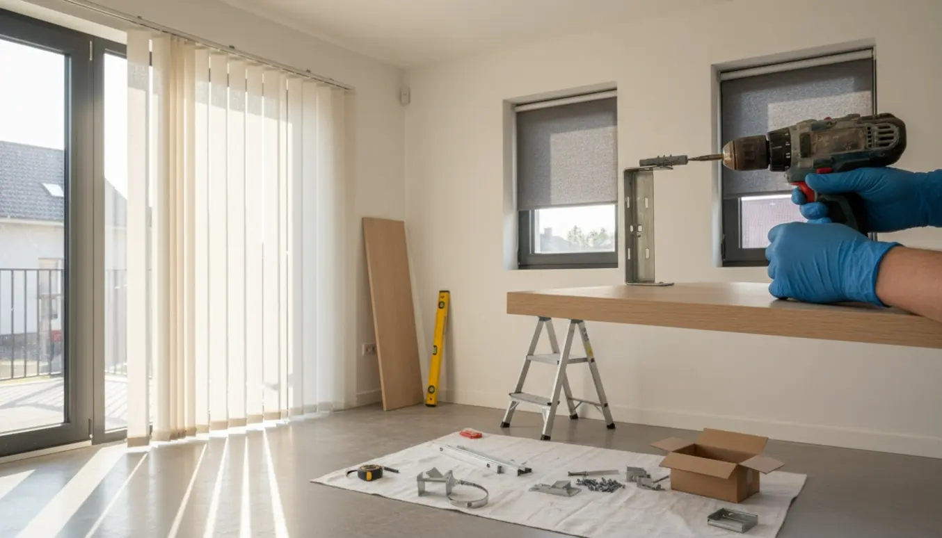 Hænder monterer lamelgardiner, to rullegardiner og to hylder i et lyst rum.