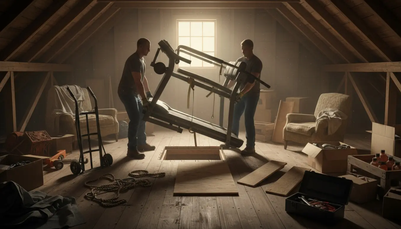 To hjælpere løfter en tung træningsmaskine gennem et åbent loftsvindue i et støvet loftrum.