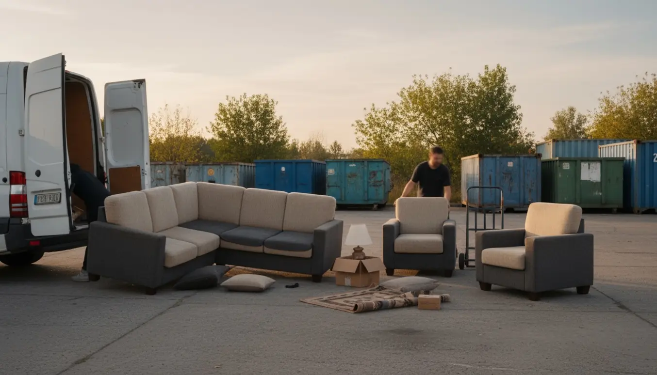 Hjørnesofa og to lænestole aflæsses ved en containerplads ved en åben varebil på en solrig eftermiddag.