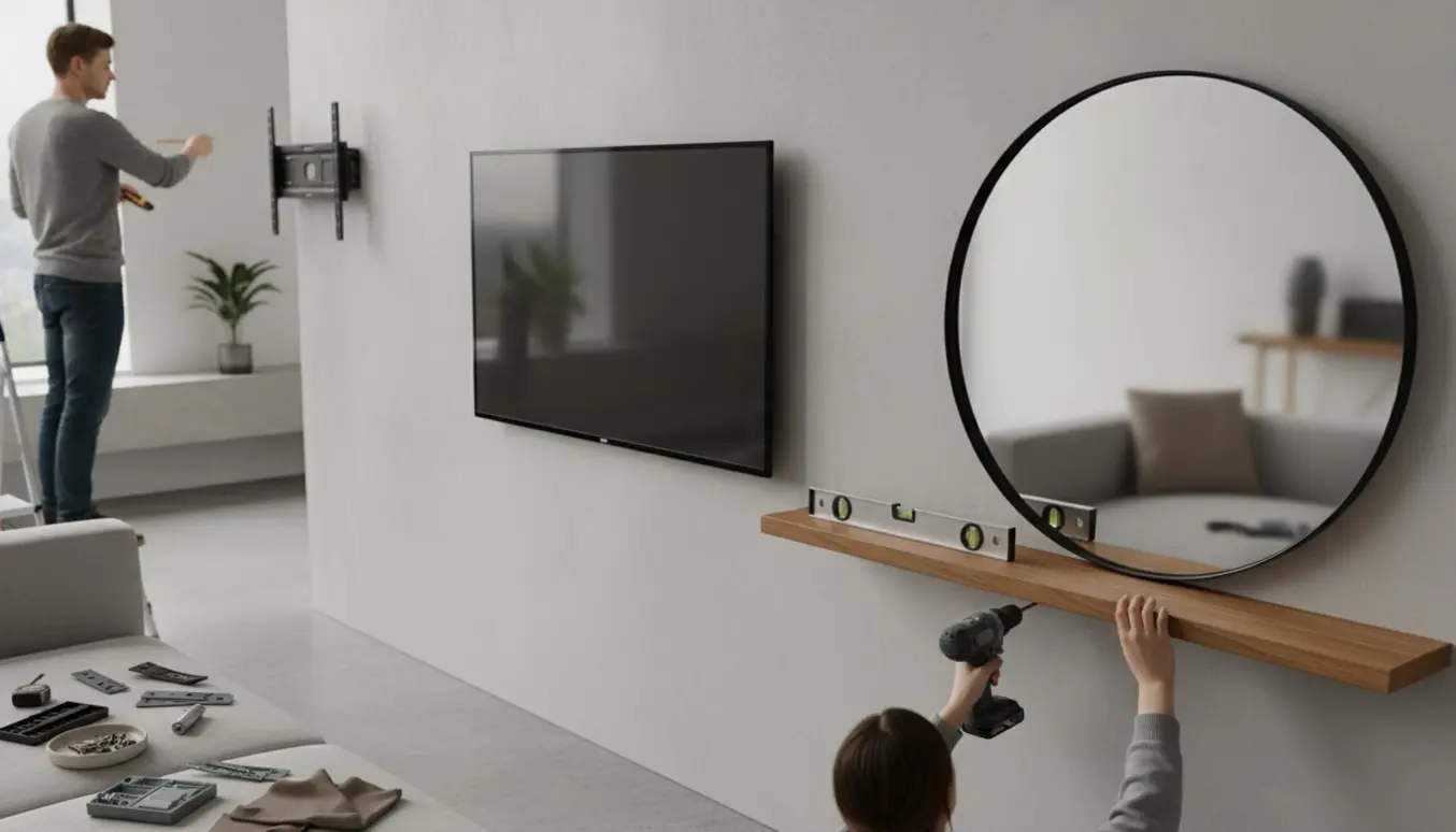 Hænder monterer et vægmonteret TV, svævehylder og et stort spejl i en moderne stue.