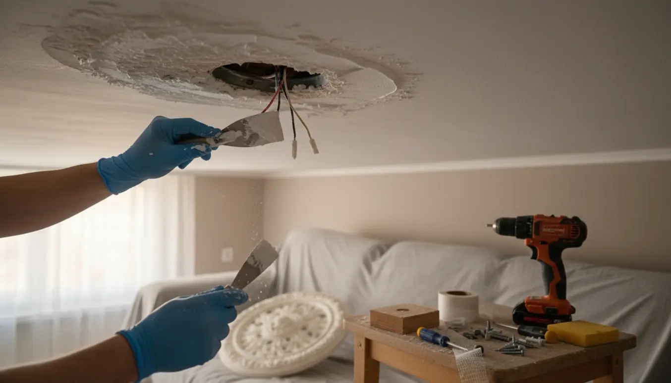 Nærbillede af reparation af porøst loft omkring lampeudtag med spartelmasse, værktøj og en stukroset klar til montering.