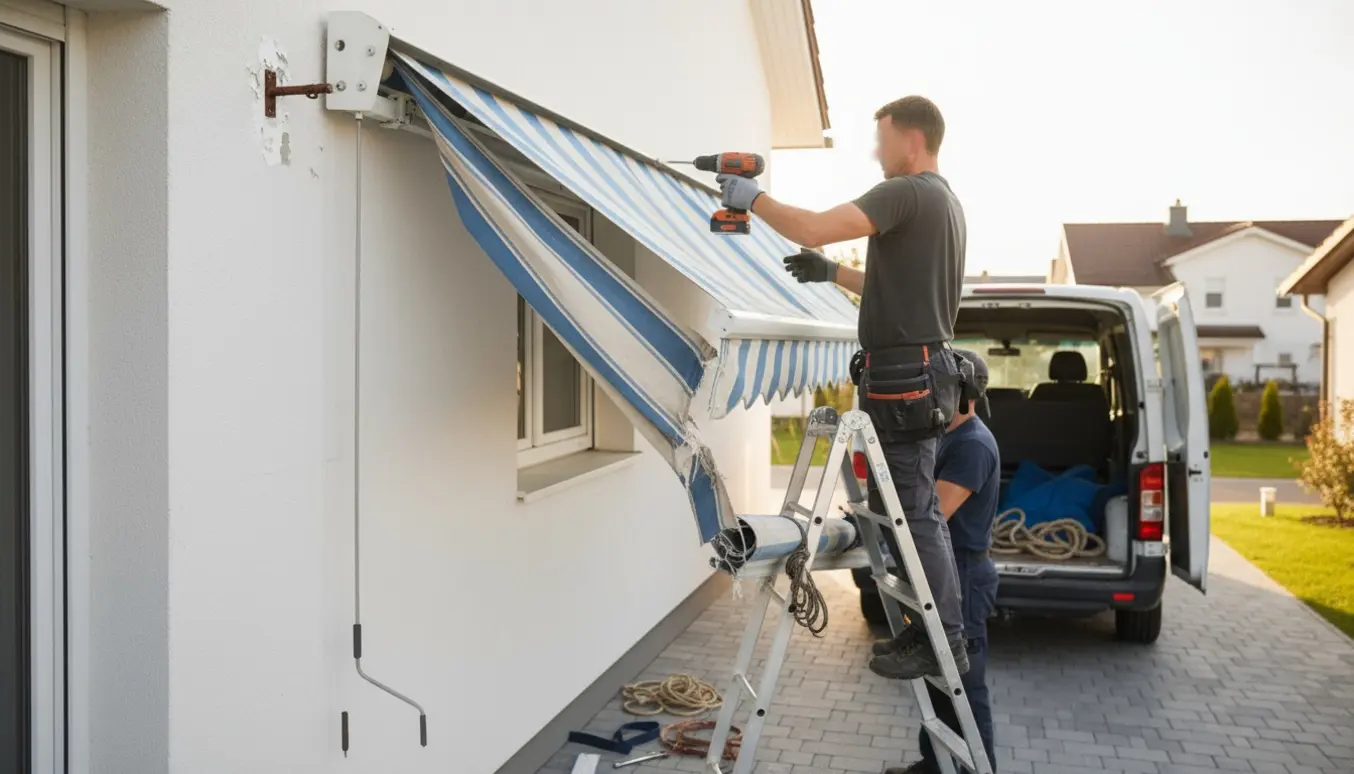 To håndværkere tager en defekt markise ned og læsser den i en varevogn.