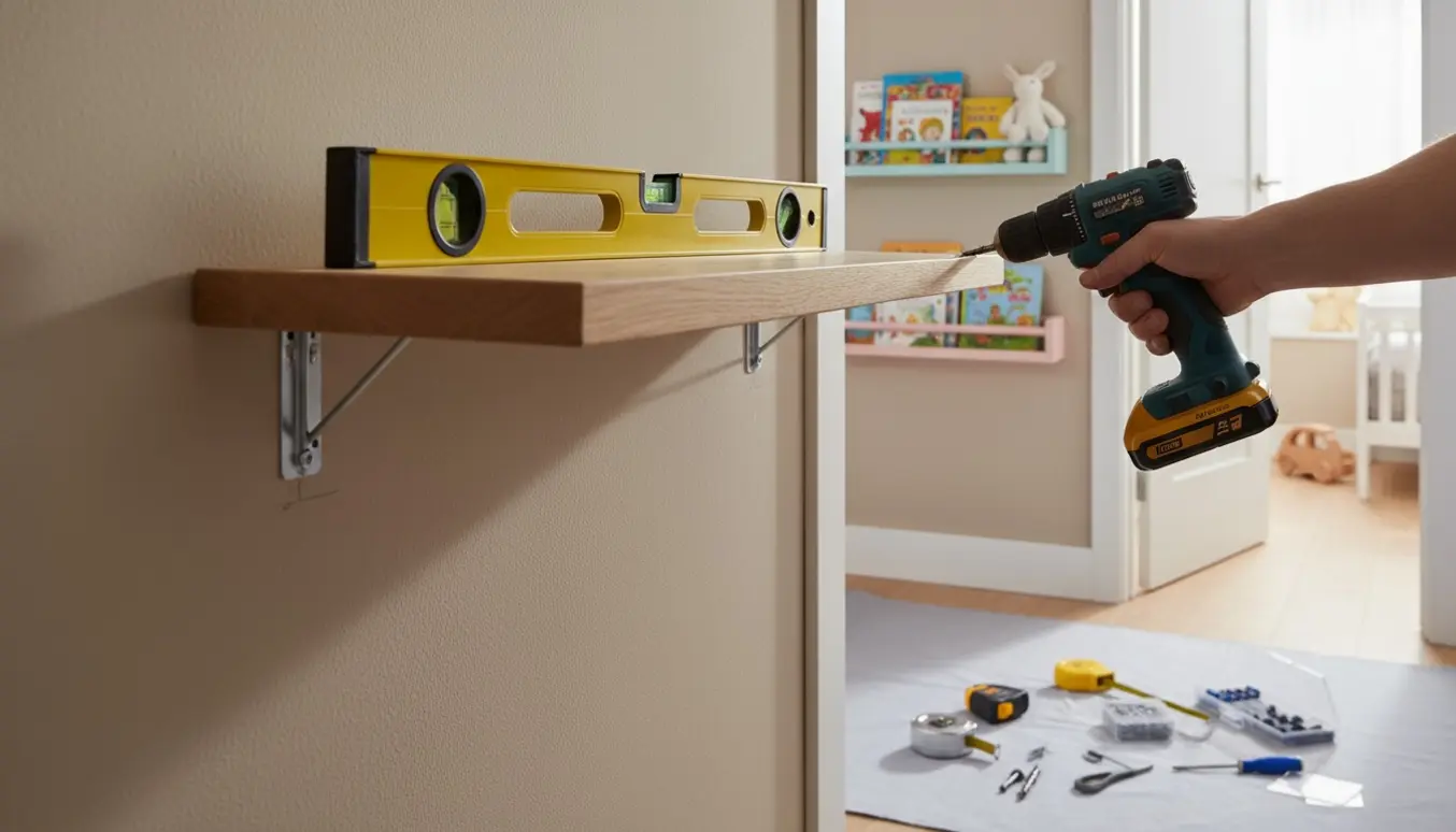 Nærbillede af hænder, der monterer en flydende hylde i stuen, med børneværelset i baggrunden med to hængte børnehylder.