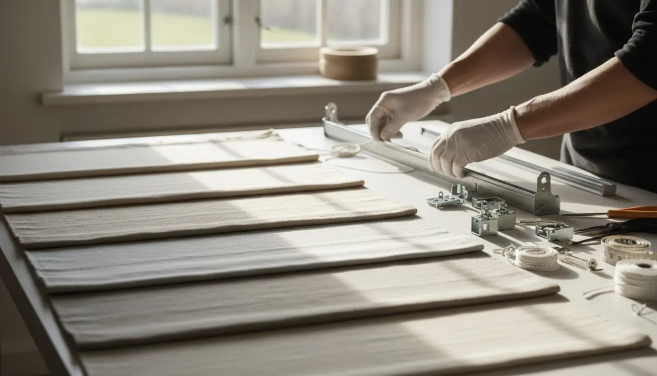 Hænder trækker ny snor gennem et stoffoldegardin på et lyst arbejdsbord med fem foldegardiner og hejseværk.