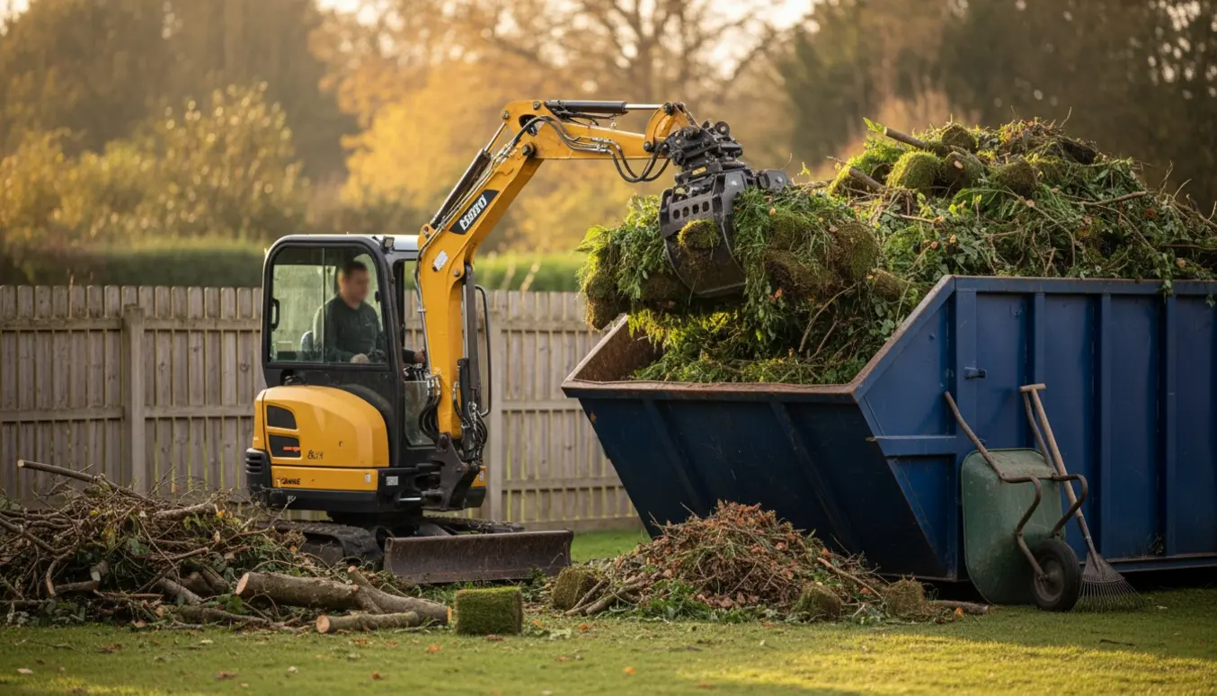 En mini-gravemaskine med grab læsser en container fuld af haveaffald i en forhave.