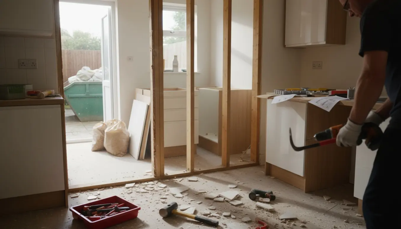 Køkken under renovering med en delvist nedrevet væg, nye flade-pakkede køkkenskabe i bryggerset og byggeaffald klar til bortkørsel.