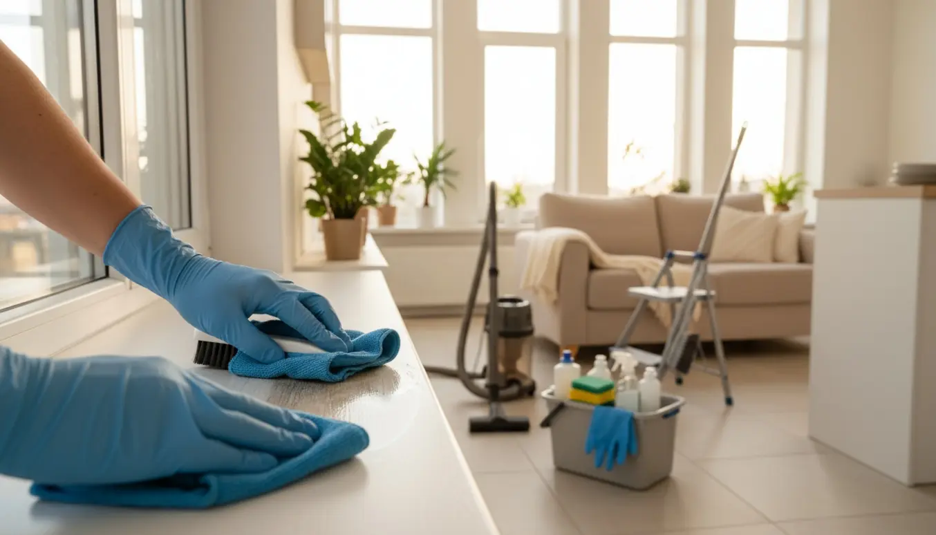 Solbelyst lejlighed hvor hænder i handsker fjerner skimmelsvamp fra en vindueskarm, med rengøringsudstyr i baggrunden.