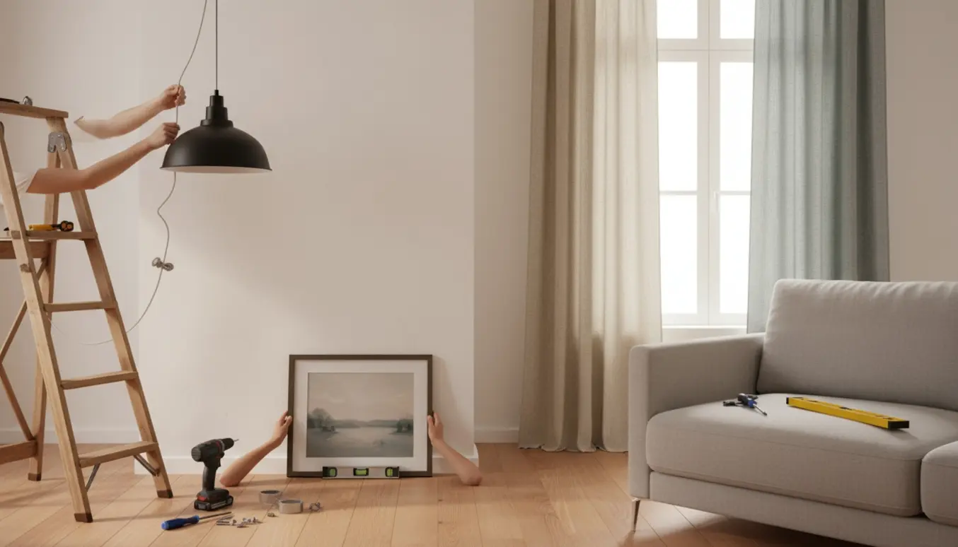Hænder monterer en lampe, hænger et billede op og sætter gardinstang på plads i en moderne stue.
