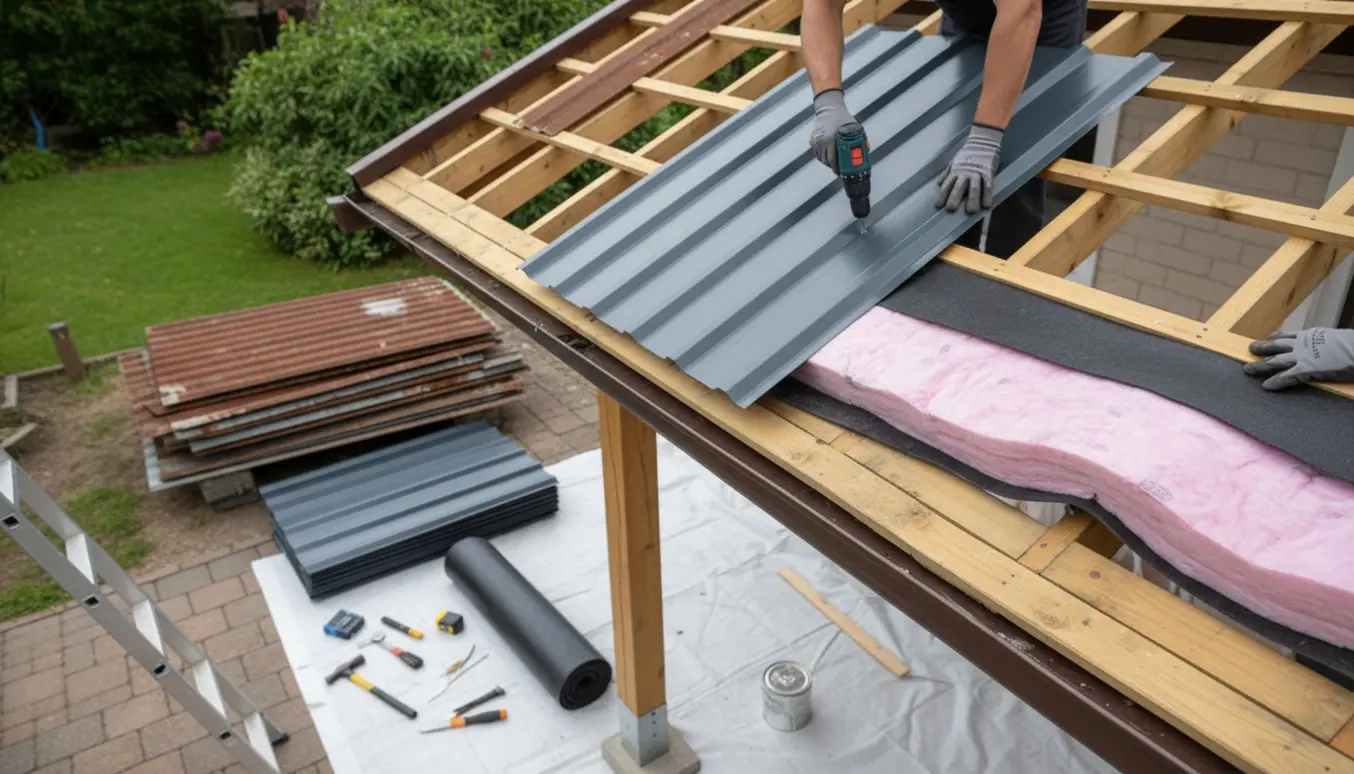 Halvt afmonteret udestuetag med nye tagplader, tagpap og isolering klar til montering.