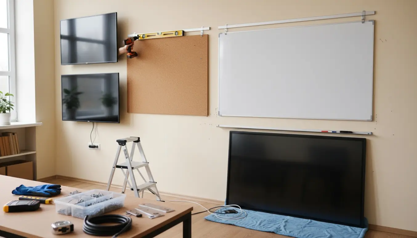 Hænder monterer en korkplade, whiteboard og skærm på en kontorvæg med værktøj i forgrunden.