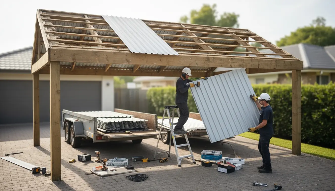 Carporttag bliver nedtaget med metalplader stablet ved siden af og trækonstruktionen blottet.