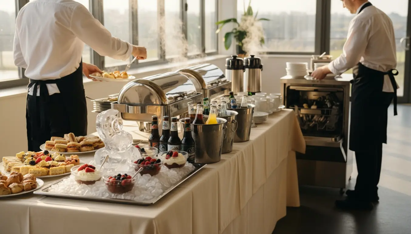 To cateringmedarbejdere fylder op på buffet og læsser service i opvaskemaskinen ved en konfirmationsreception.