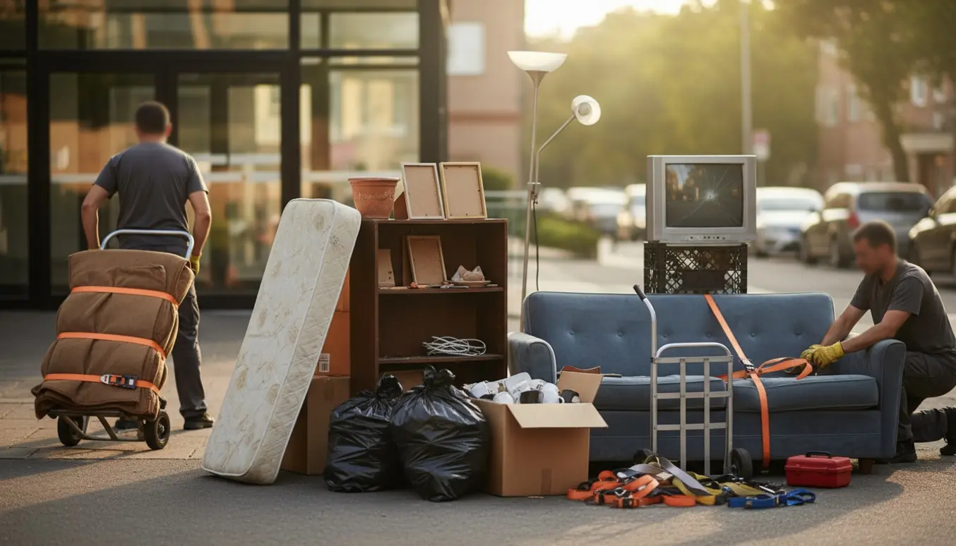 Møbler og kasser fra tidligere lejer læsset ved fortovet med flytteudstyr i brug.