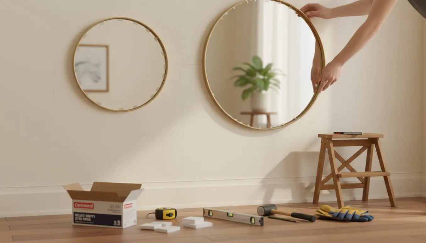 To spejle hænges op på en væg uden boremaskine med målebånd, vandretang og monteringsstrips.