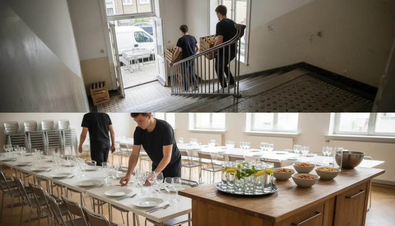 Frivillige bærer drikkevarer ned ad en trappe og dækker borde samt sætter stole op til en fest.