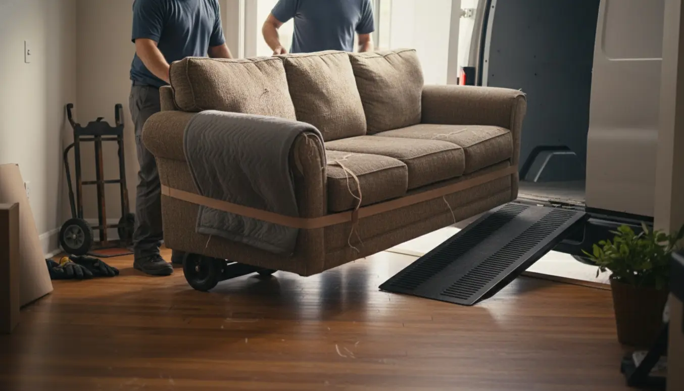 En tung sofa løftes ud af en lejlighed og lastes i en varevogn klar til genbrug.