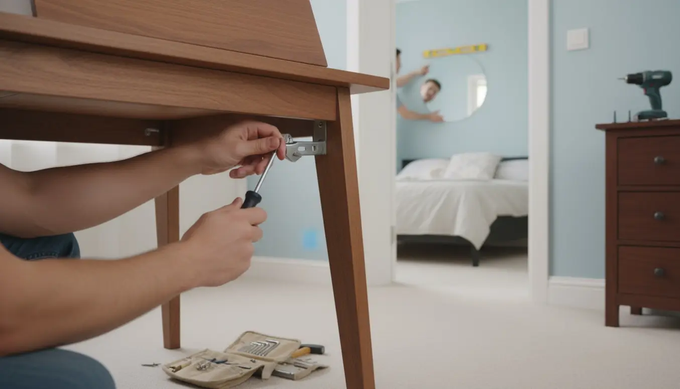 Hænder spænder en vippebordplade fast i et kontor, mens et spejl hænges op i et soveværelse i baggrunden.