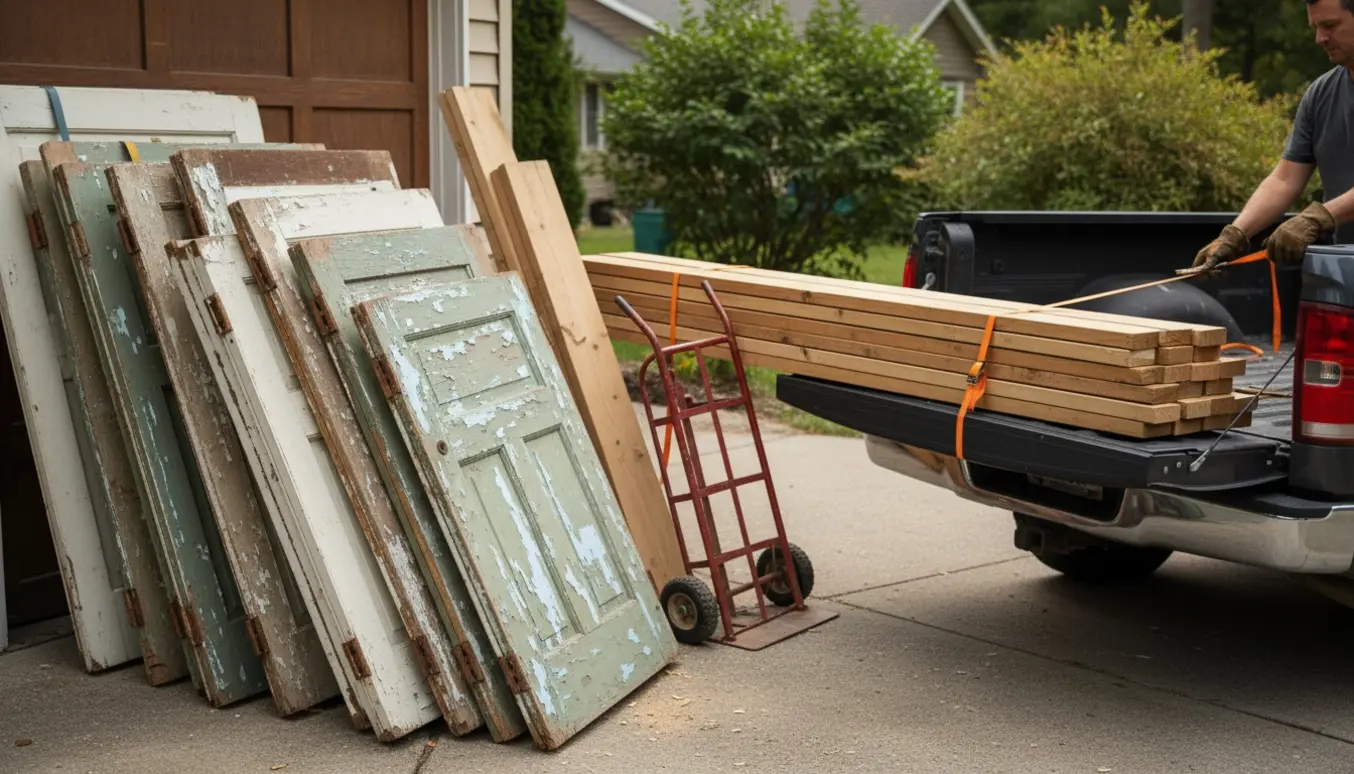 Døre og brædder stablet og læsset i en pickup på indkørsel, klar til bortkørsel.