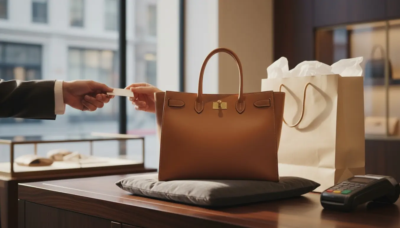 Nærbillede af hænder, der udveksler et kreditkort over disken i en luksusbutik med en lædertaske i forgrunden.