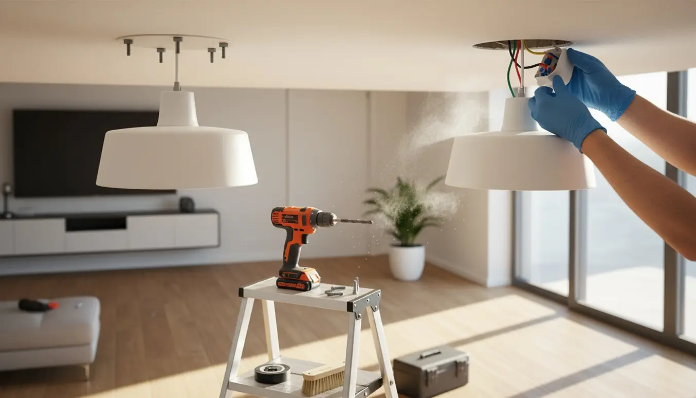 To loftslamper monteres i et lyst værelse, én er færdig med rawlplugs, den anden er ved at blive boret op.