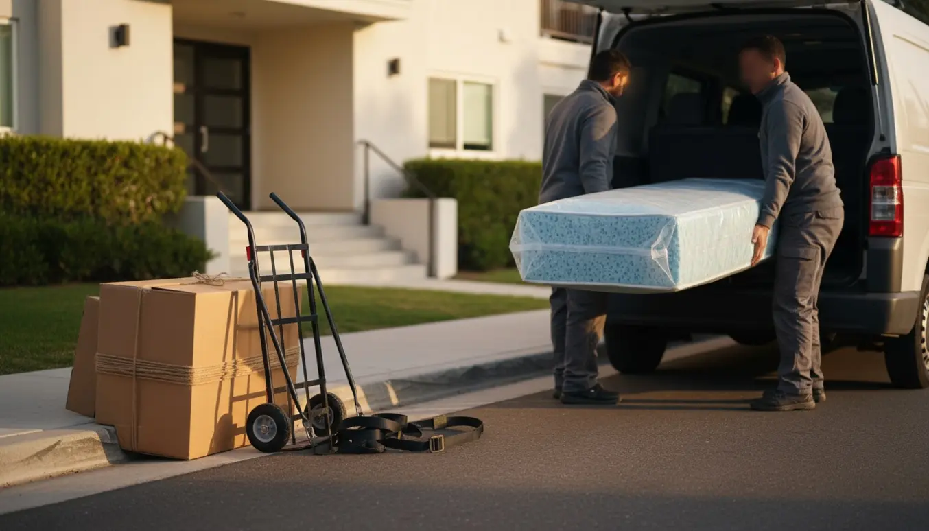 En memoryskum-madras og bundtet pap ved en varevogn klar til storskrald.