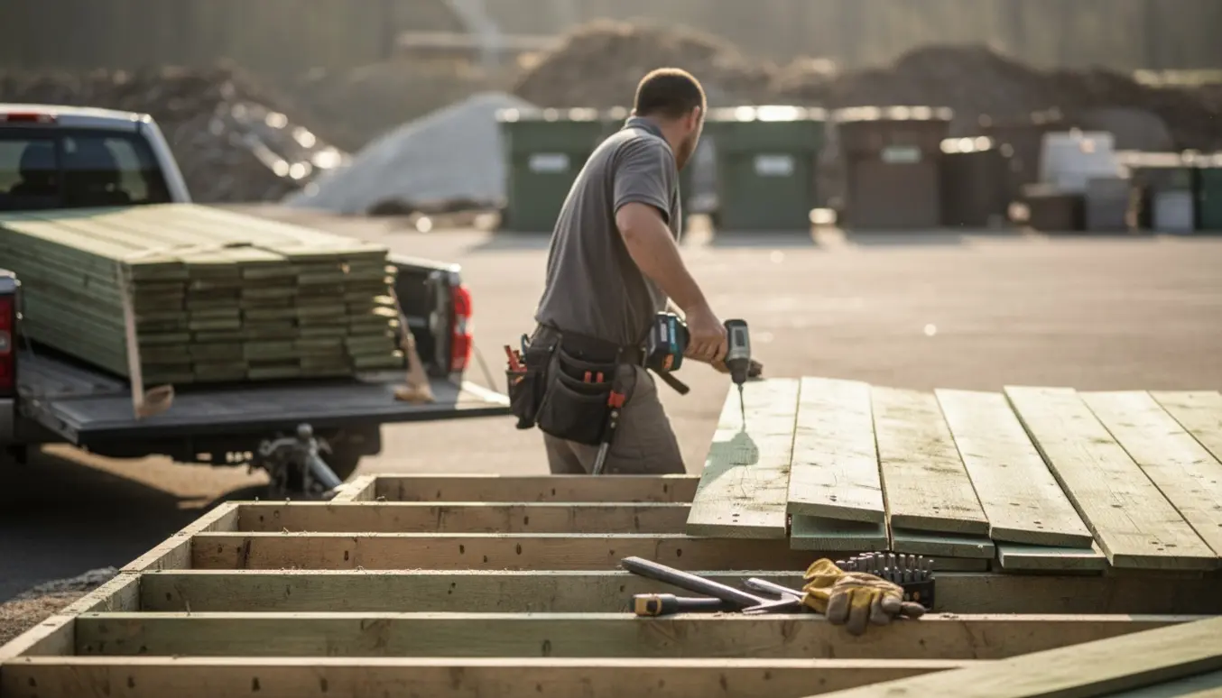 Gamle trykimprægnerede terrassebrædder afmonteres og stables klar til afhentning i en trailer.